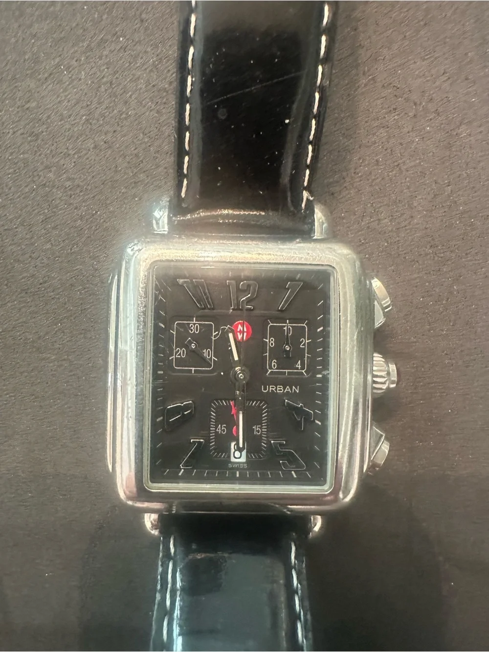 Michele Black Dial Silver-Tone Square Chronograph Watch